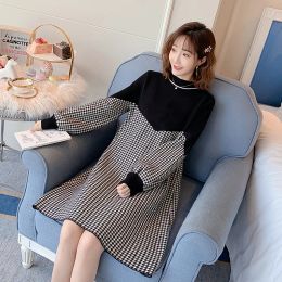 Dresses 2024 Spring Autumn Korean Fashion Maternity Dress Plaid Patchwork Sweet Clothes for Pregnant Women Elegant Pregnancy Dresses