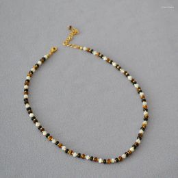 Choker Black Agate Stone Chocker Tiger Eye Mother Shell Elegant Vintage Style Natural Beaded Necklace