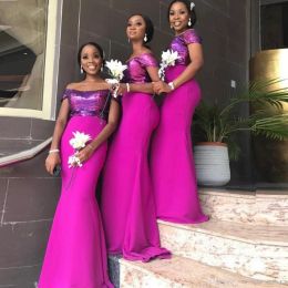 2024 Fuchsia Mermaid Bridesmaid Dresses Off The Shoulder Wedding Guest Dress Sequined Plus Size Black Girl Maid Of Honor Gowns