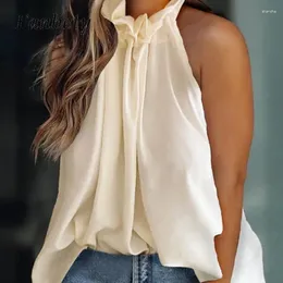 Women's Blouses Fashion Solid Color Sleeveless Loose Vest Top Women Pleated O Neck Chiffon Blouse Summer Casual Lace-up All-match Shirt