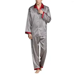 Men's Sleepwear Spring And Autumn Pajamas Sets Silky Satin Long-Sleeved Printed Lapel Button Tops Loose Pants Home Pyjamas Suit
