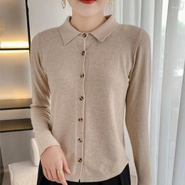 Women's Knits Lafarvie Spring/Autumn Sweater Coat Shirt Collar POLO Cashmere Cardigan With Loose Long-Sleeved Temperament Lapel Jacket