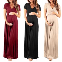 Dresses Qunq Summer Woman Outfit Vneck Sexy Solid Long Style Short Sleeves Pleated Waist Big Swing Dress Elegant Maternity Clothing