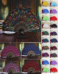 Handmade peacock Embroidery Fabric folding fan silk top grade bridal fans Bridesmaid fans hollow plastic handle wedding accessorie9963497