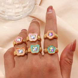 Cute Girls Stainless Steel Zirconia Stone Pink Green Orange Flower Butterfly Ring Y2K Gold Jewery Rings For Women 240311