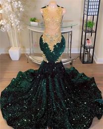 Sparkly Green Sequins Mermaid Prom Dresses For Black Girls Crystal Rhinestone Court Train Party Gown Robes De Bal Custom Made 0505