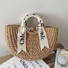 Designer bag Straw Woven Bag Casual Vacation Beach Bags Shoulder Letter Silk Scarf Portable Versatile Semi Circular Women S Rattan handbags shopping bags purses