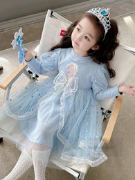 Girls sequins lace tulle dresses kids gauze puff sleeve beaded Bows princess dress 2024 spring children party clothing Z7161