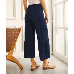 Women's Pants Dark Blue Cropped Pleated Wide Leg Flare S-2XL Women 2024 Spring/Summer Loose Casual