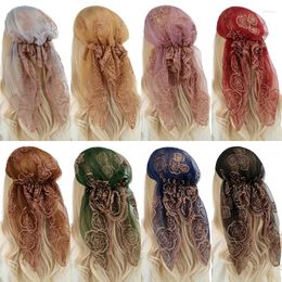 Scarves Women Fashion Mesh Embroidery Turban Muslim Islamic Pre Tied Hijab Headscarf Hair Cover Shawls Breathable Elastic Bandanas Cap