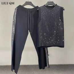 Summer Korean Fashion Heavy Industry Drilling Vest Knitted TopCasual Wide Leg Pants Two Piece Set Tracksuit Women 240309