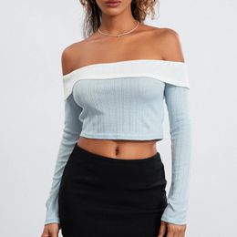 Women's T Shirts Women Crop Off-Shoulder Tops Contrast Color Long Sleeve Shirt Casual Pullovers For Club Streetwear Aesthetic Clothes Summer