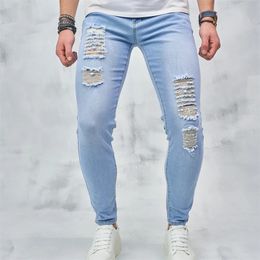 Streetwear Stylish Ripped Distressed Skinny Pencil Jeans Male Hip Hop Holes Stretch Denim Pants For Men 240311