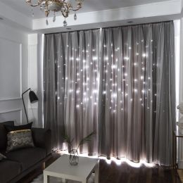Baskets Custom Made Bright Double Layer Blackout Star Hollow Curtains with Lace Tulle Fabric for Home Living Room Bedroom Window Decor