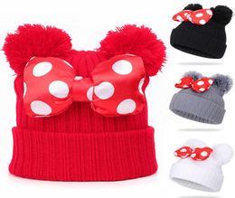 4 Colours Baby Pom beanie cap Toddler Kids Baby Girls Winter Warm Crochet knitted hat Bow Fur bow hat Whole JY8205857982