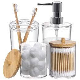 Holders 4Pcs Bathroom Accessories Set Plastic Clear Soap Dispenser Toothbrush Holder Cotton Swab Jar Home Organiser Decor for Farmhouse