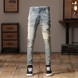 Men's Jeans Fashion Designer Summer Retro Blue Elastic Slim Fit Slit Splicing Hip-hop Hombre