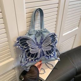 School Bags Nylon Bag Embroidered Shopping Blue Butterfly Tote Eco Friendly Shoulder Casual Large Capacity Handbag Girls Gift