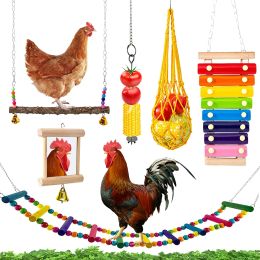 Toys 6Pcs Chicken Toys Set Chewing Foraging Toys Parrot Playing Training Toys with Wooden Swing Fruit Vegetable Hanging Feeder