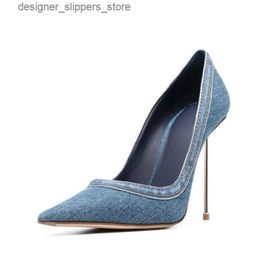 Dress Shoes 2024 Womens Fashion Blue Denim Thin High Heel Single Shoes European and American Corner Straps Shallow Mouth Sandals Q240314