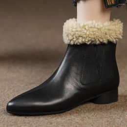Boots Women's Cow Leather Wool Inside Winter Snow Pointed Toe Side Zip Short Ankle Casual Female Waterproof Shoes Woman 33