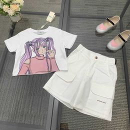 New kids T-shirt suits baby tracksuits Size 100-150 CM summer two-piece set Purple haired girl pattern girls t shirt and shorts 24Mar