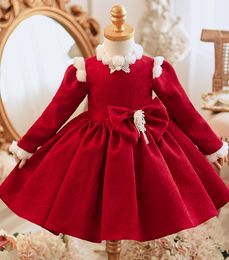 Red High Neck Long Sleeve Satin Flower Girls' Dresses Knee-length Christmas Dress