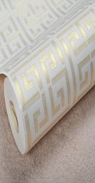 WholeContemporary Modern Geometric Wallpaper Neutral Greek Key Design PVC Wall Paper for Bedroom 053m x 10m Roll Gold on Whi3732280