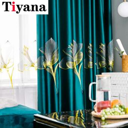 Curtains Nordic Green Blue Lily 3D Embroidery Sheer Tulle Curtain Bedroom Window Blackout Curtains For Living Room Balcony Drapes Cortina