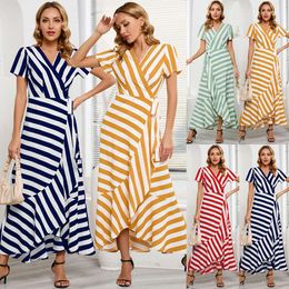 Fashion Slim Fit Temperament Stripe Swing 2024 Summer Women's Large Irregular Dress