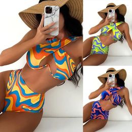 Women's Swimwear 2024 Sexy Printed Neck Two Piece Swimsuit Wave Designer Halter Cross High Waist