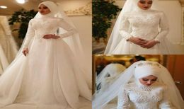 Vestido De Novia Vintage Muslim Wedding Dresses with Matching Veil Lace Beaded Sweep Train Garden Wedding Gowns Custom Made1037417