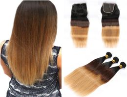 1B427 Honey Blonde Ombre Brazilian Human Hair Straight Weaves with Closure Three Tone Colored 4x4 Front Lace Closure with 3Bund7859701