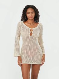 Casual Dresses Womens Crochet Cover Up Summer Long Sleeve Hollow Out Backless Bikini Swimsuit Swimwear Knit Pullover Beach Dress