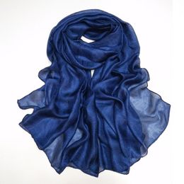 New Fashion Plain Navy Blue Silk Scarf Women 100% Natural Linen Soft Hijabs and Shawls Wrap Foulards Muslim Snood 180 90Cm Y201007308N