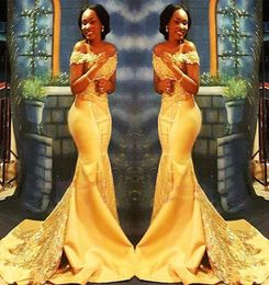 African Nigerian Yellow Mermaid Prom Dresses Off Shoulders Lace Sequined Satin Evening Prom Gowns8652615