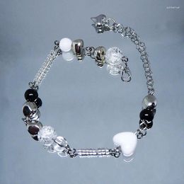Link Bracelets Cute Y2k For Women Girl Fairy Core White Love Heart Beaded Bracelet Handmade Unique Hip Hop Jewellery Gift