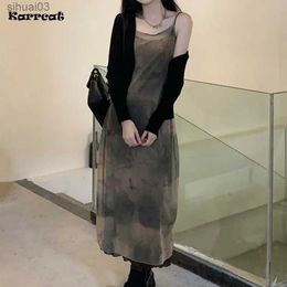 Basic Casual Dresses Karrcat Vintage Tie Dye Print Mesh Dress Grunge Gothic Spaghetti Strap Midi Dress Korean Style Party Dress Fairycore VestidosL2403