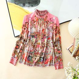 2024 Spring Summer Paisley Print Embroidery Pink Silk Blouse Shirt Multicolor Long Sleeve Stand Collar Pullover Style Soie Top Shirts W4M1322