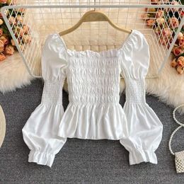 Women's Blouses Spring Korean Lantern Sleeve Waist Blouse Ruffle Flared Square Casual Neck Shirt Women Western-style Short Female Top