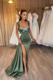 Olive Green Mermaid Prom Dress Spaghetti Straps Slit Evening Party Gown Beadings Pageant Gowns