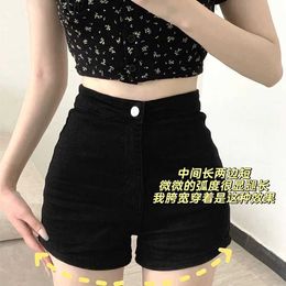 Short black tight denim shorts for women in summer high waisted and slimming spicy girl with buttocks wrapped hot pants wearing American pants on the outside