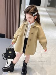 Girls trench coat kids lapel single breasted long sleeve outwear 2024 spring children cotton casual clothes Z7163