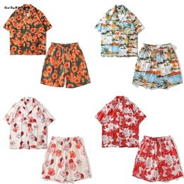 Designer Suit of Mens Short Sleeved Floral Shirt Ins Loose Hawaiian Beach Shorts Handsome Couple Two-piece Set 0yl5