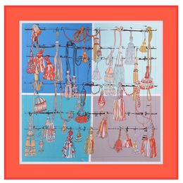 Vintage Orange Square Print Silk Shawls And Wraps Women Handmade Foulard Femme Tassel Twill Shawls Whole 130cm 130cm302r