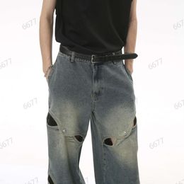 New Designer Men's Jeans 2024 Summer Metal Button Heavy Work Design Hollow Out Baggy Jeans Trend Brand Fashion Pants