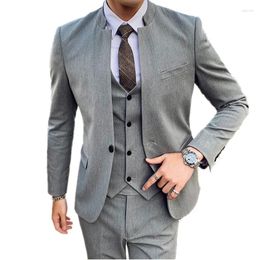 Men's Suits Stand Collar One Button Coat Pants Vest Fashion Trend Groomsman Slim 3 Pieces Blazers Jacket Trousers Waistcoat Set