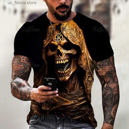 Men's T-Shirts Summer Mens T-shirt Vintage Horror 3D Skull Print Classic Casual O Neck Short Slve Fashion Loose Oversized Tops T Shirt Men Y240314