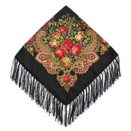 90 90cm Women Retro Floral Pattern Russian Scarf National Wind Fringed Square Scarves Hijab Female Winter Head Wrap Travel Shawl272o