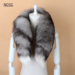 NGSG Real Fox Fur Scarf Women Men Striped Winter Warm 80-90CM Long Tail Scarf Fashion Luxury Collar Scarves Wraps Female W001 C181242m